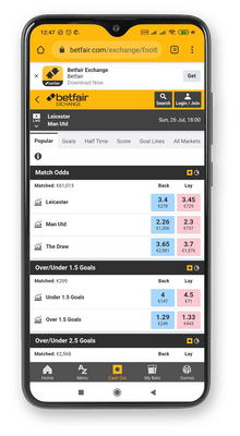 betfair mobile app - sports page