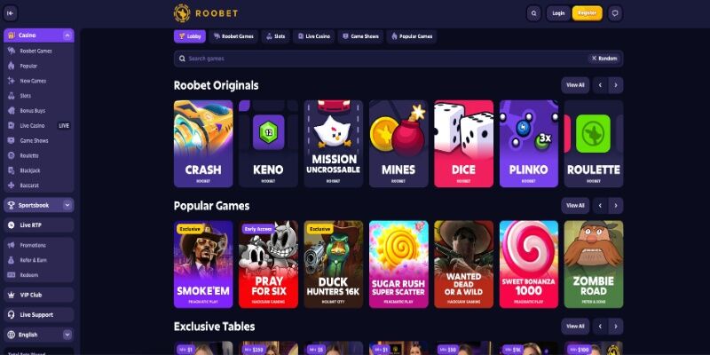 The screenshot of Roobet casino page