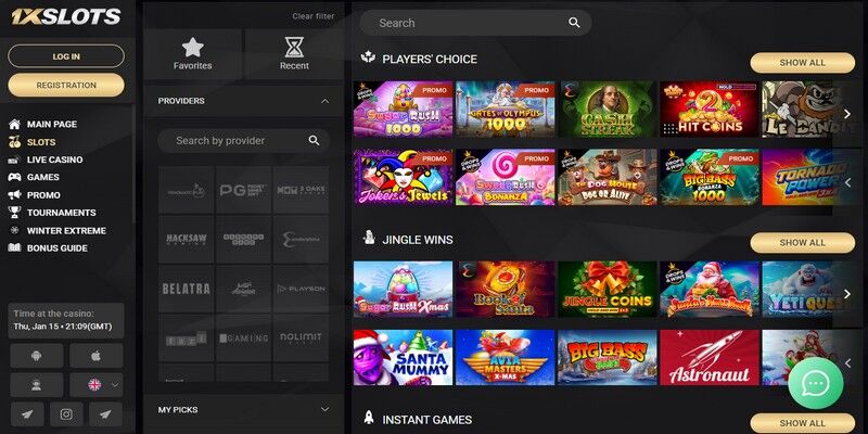 Screenshot of casino page