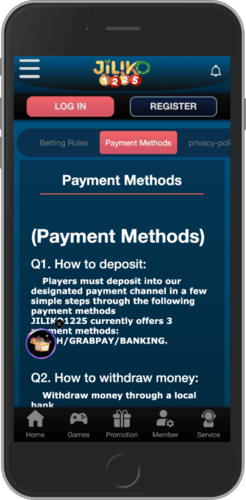 Mobile screenshot of the JILIKO1225 payment methods