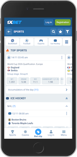 The mobile screenshot of 1xBet sport page