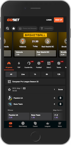 The mobile screenshot of GG.BET sport page