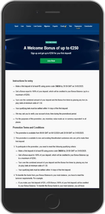 Screenshot of the mobile bonus page of the bookmaker MarathonBet