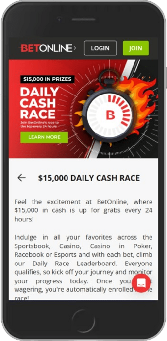 Screenshot of the bonus page with Betonline Daily Cash Race  from bookmaker BetOnline