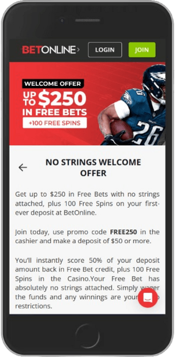 Screenshot of the bonus page with No Strings Welcome Offer from bookmaker BetOnline