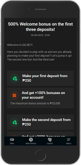 Screenshot of the mobile bonus page of the bookmaker GGBet