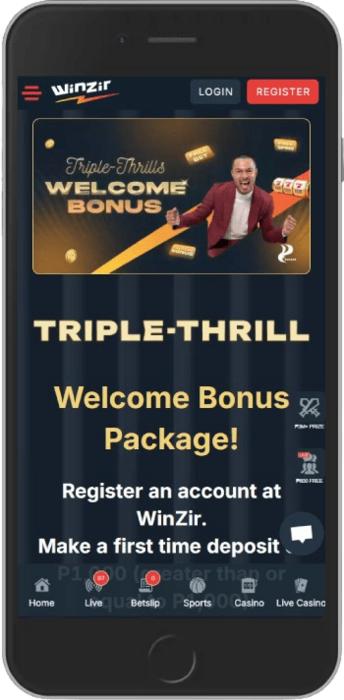 Screenshot of the bonus page with the Triple-Thrill Welcome Bonus  bonus from bookmaker WinZir