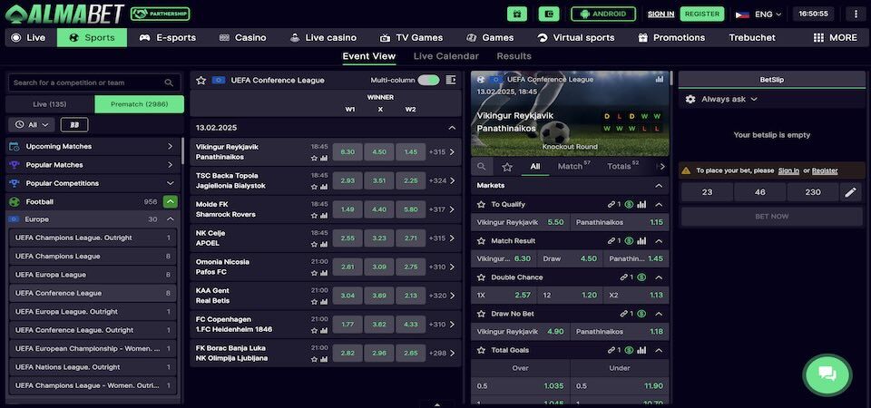 Screenshot of sports page at Almabet