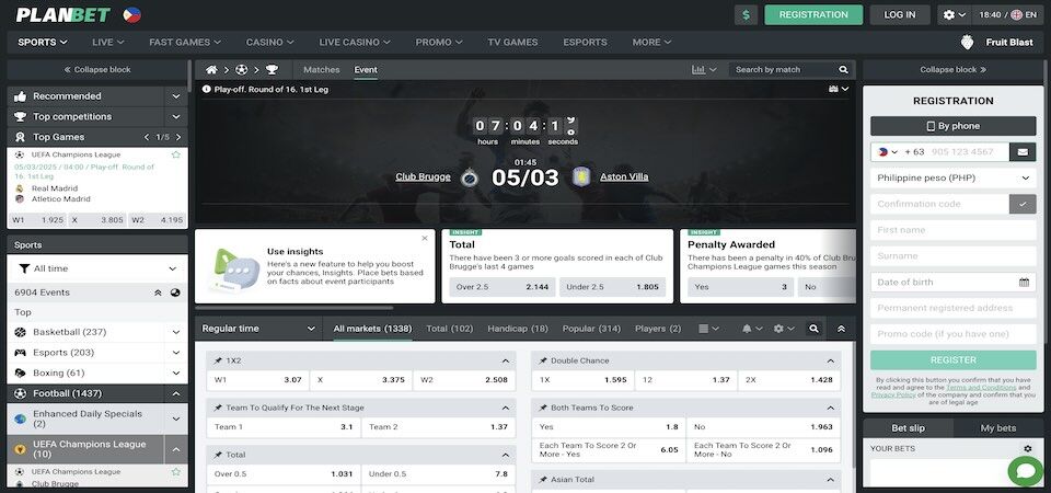 Screenshot of sports page at PLANBET