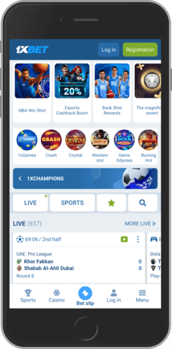 Mobile screenshot of the 1xBet main page