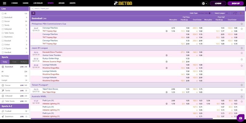 Screenshot of the bookmaker's sports page