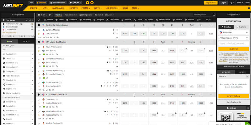 Screenshot of the MelBet sport page