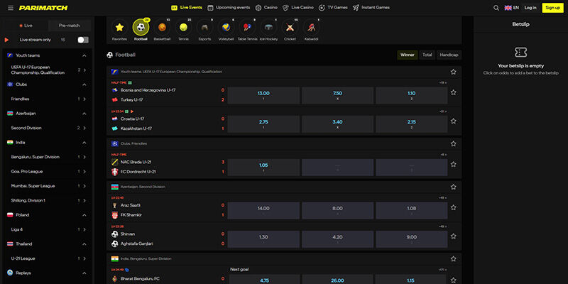 Screenshot of the Parimatch sport page