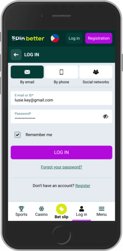 Mobile screenshot of the SpinBetter log in page