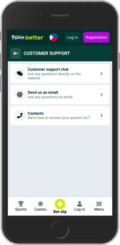 Mobile screenshot of the SpinBetter support page