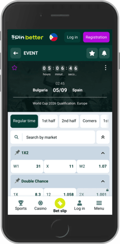 Mobile screenshot of the SpinBetter sport betting page