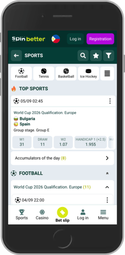 Mobile screenshot of the SpinBetter sport page