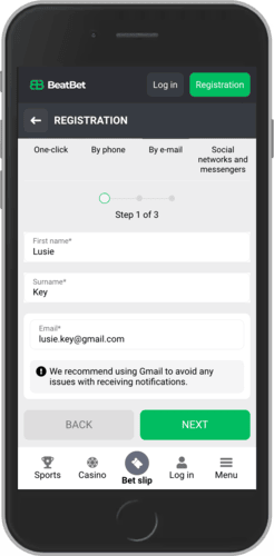 Mobile screenshot of the BeatBet registration step 1