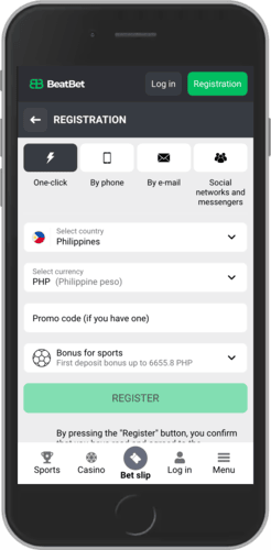 Mobile screenshot of the BeatBet registration one click