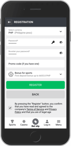 Mobile screenshot of the BeatBet registration step 2