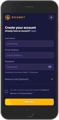 Mobile screenshot of the Roobet registration page 1