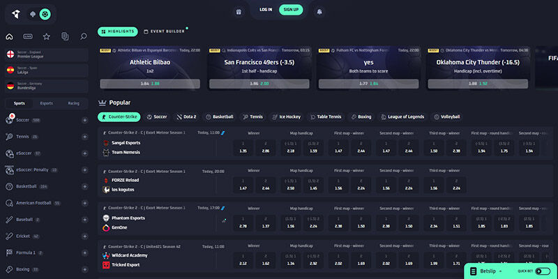 Screnshot of the Thrill sport page