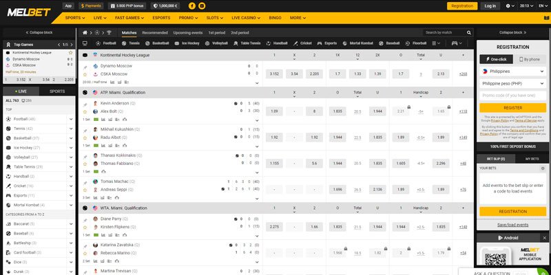 Screenshot of the melbet sport page