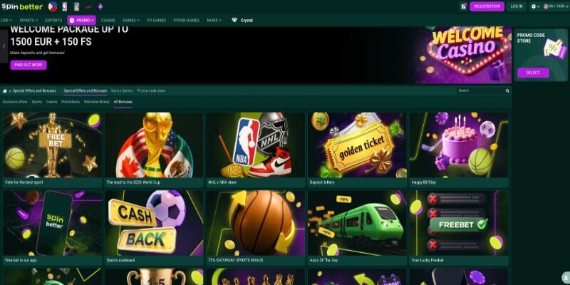 The screenshot of Spinbetter promo page