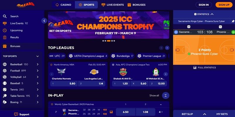 Screenshot of the sports page of the bookmaker Dazard