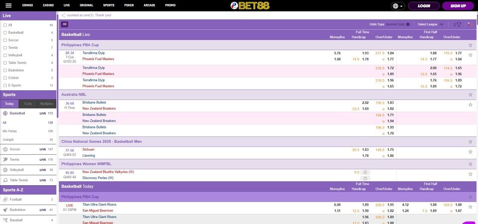 Screenshot of the bookmaker's sports page - Bet88