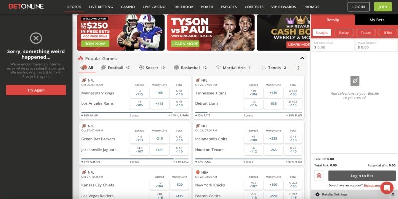 Screenshot of the betonline sport page