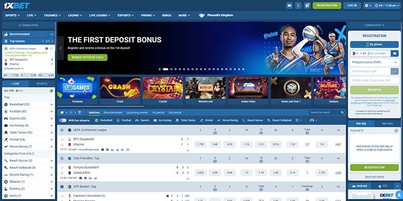 Screenshot of the 1xbet main page