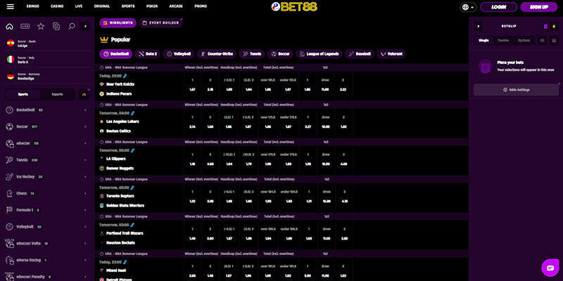 Screenshot of the Bet88 main page