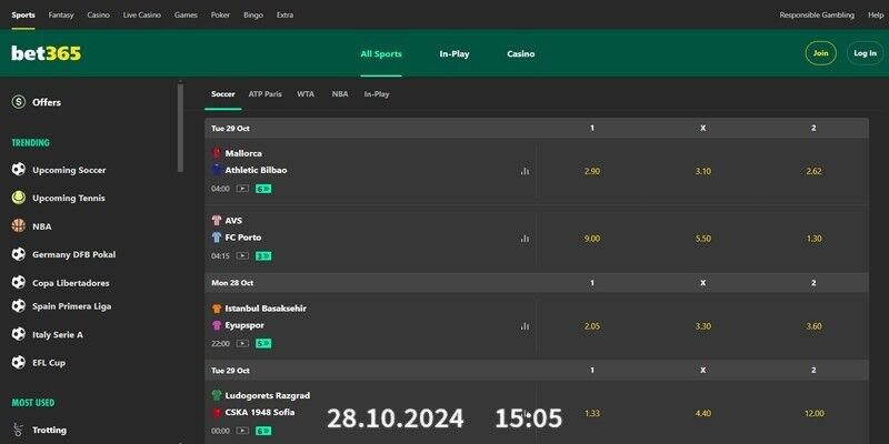 Screenshot of the sports page of the bet365 bookmaker