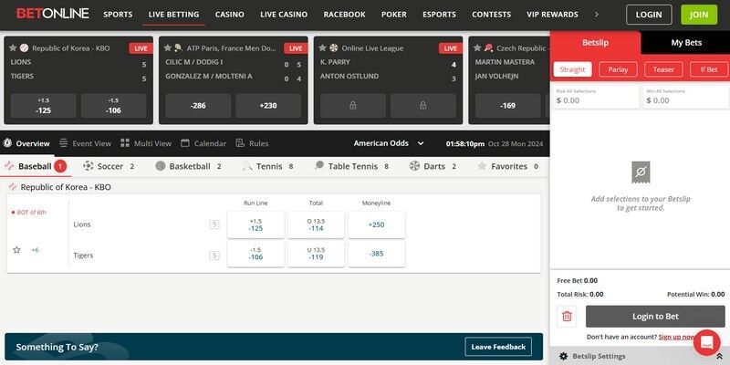 Screenshot of the sports page of the BetOnline bookmaker