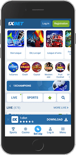 Mobile screenshot of the 1xBet home page