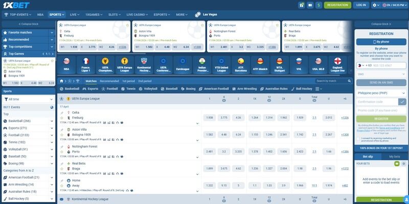 Screenshot of sports page at 1xbet