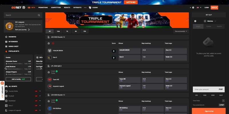 Screenshot of sports page at GGbet