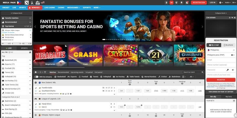 Screenshot of sports page at Megapari