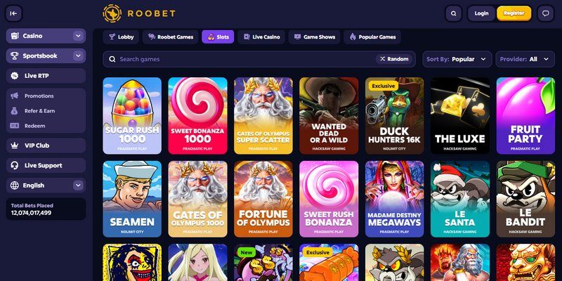 Screenshot of the Roobet casino page