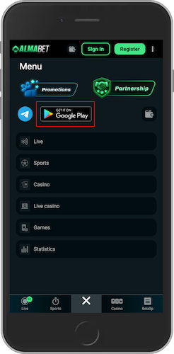 Mobile screenshot of Almabet app download page