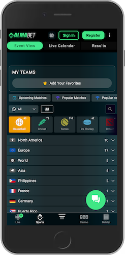Mobile screenshot of Almabet sports event page