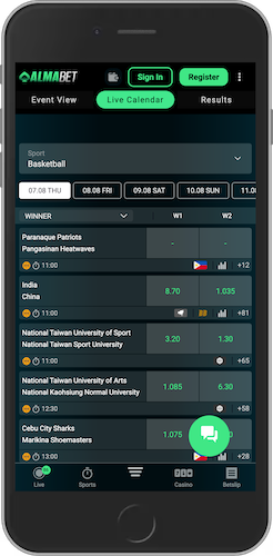 Mobile screenshot of Almabet live sports event page