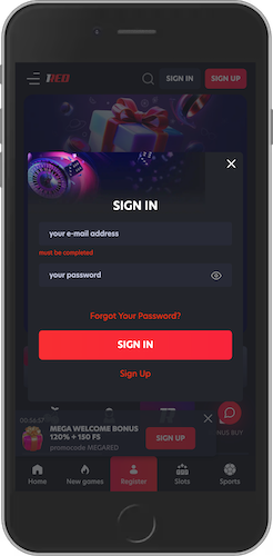 Mobile screenshot of the 1Red login page