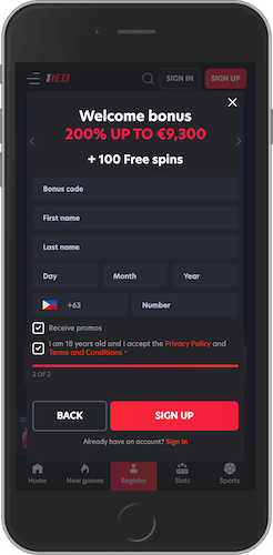 Mobile screenshot of the 1Red registration page 2