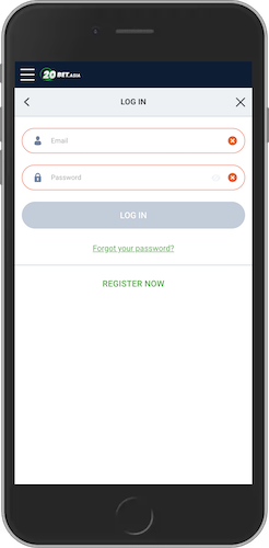 Mopbile screenshot of 20Bet login page