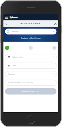 The mobile screenshot of 20Bet registration page