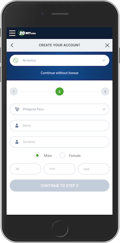 The mobile screenshot of 20Bet registration page