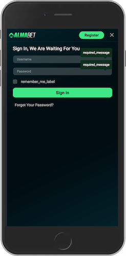 Mobile screenshot of Almabet login page