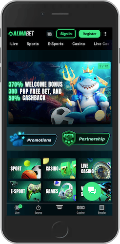 Mobile screenshot of Almabet main page with register button